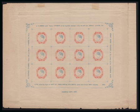 Stamp of India 1894 4a Vermilion and Pale Blue reprint in complete sheet of 12 with essay head