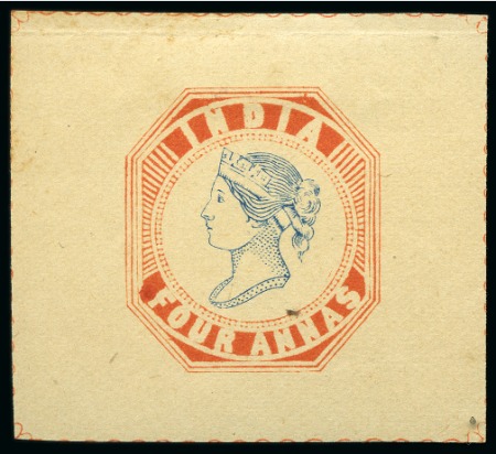 Stamp of India 1894 4a Vermilion and Blue reprint with wavy lines and rosettes in vermilion