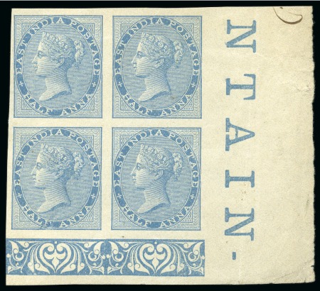Stamp of India 1869 1/2a Colour trials in pale blue (as issued) and pale chalky blue in blocks of four
