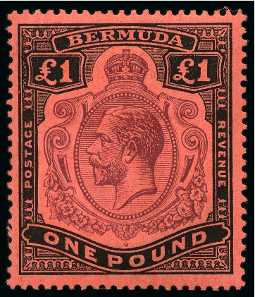 Stamp of Bermuda 1918-22 £1 Purple & Black on red mint lh with broken crown and scroll variety