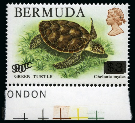 Stamp of Bermuda 1986 90c on $3 Green Turtle with double surcharge variety