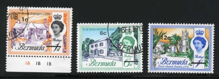 Stamp of Bermuda 1970 Issue group of 3 varieties; 1c on 1d inv. wmk used and 6c on 6d inv. wmk used
