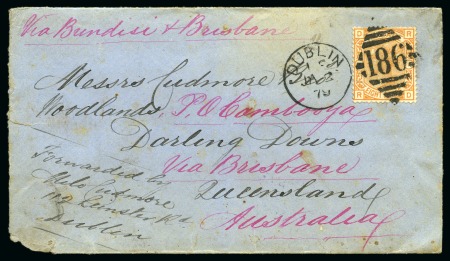 1879 (Jan 2) Envelope from Dublin to Queensland, Australia, with 1873-80 8d orange