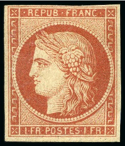 Stamp of France 1849 1F Vermillon pâle dit Vervelle, très frais, sans