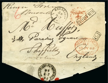 1862 (Jul 10) Envelope front with "BELGIUM / VIA / FRANCE / (CROWN) / REGISTERED" hs