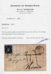 1851, 20 c. azzurro, molto bel esemplare su lettera del 29 dicembre da Torino per Roma, tassata in arrivo con 12 bajocchi, rara combinazione di affrancatura e destinazione prima della convenzione postale austro-pontifici