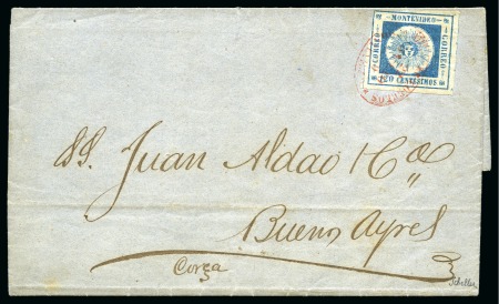 1859 (Jul 22) Entire from Montevideo to Buenos Aires with 120c tied by RED oval Montevideo ds