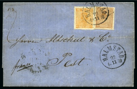 1862-66 3ö Brown in combination with 1858-62 24ö orange tied by single Halmstad cds to 1870 (Nov 20) entire to HUNGARY