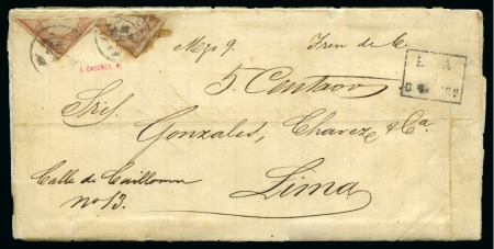 1866 (May) Entire from Callao to Lima with two diagonally bisected 1862 1d pale vermilion