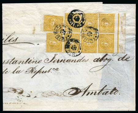 Stamp of Ecuador 1865 1r Yellow, block of 7 plus single tied by Chimbo