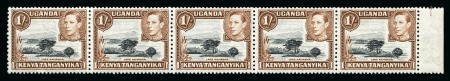1938-54 1s Black & Brown mint strip of 5 showing "Mountain Retouch"and "Sky Retouch" varieties