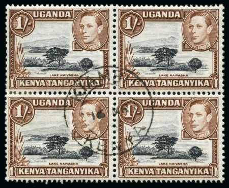 Stamp of Kenya, Uganda and Tanganyika » Kenya, Uganda and Tanganyika 1938-54 1s Black & Brown used block of four showing "Mountain Retouch" variety