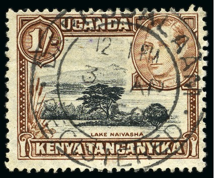Stamp of Kenya, Uganda and Tanganyika » Kenya, Uganda and Tanganyika 1938-54 1s Black & Brown used showing "Mountain Retouch" variety