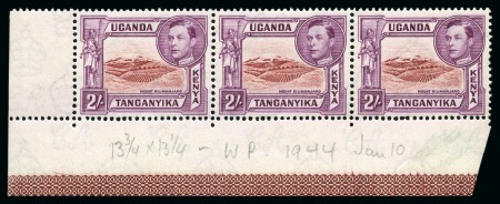 Stamp of Kenya, Uganda and Tanganyika » Kenya, Uganda and Tanganyika 1938-54 2s Lake-Brown & Purple perf. 13 3/4 x 13 1/4 mint left corner marginal strip