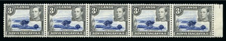 Stamp of Kenya, Uganda and Tanganyika » Kenya, Uganda and Tanganyika 1938-54 3s Blue & Black "DAMAGED MOUNTAIN" variety in mint marginal strip of 5