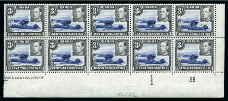 1938-54 3s Blue & Black perf.13x12 1/2 mint nh right corner marginal block of 10 with plate number and part imprint