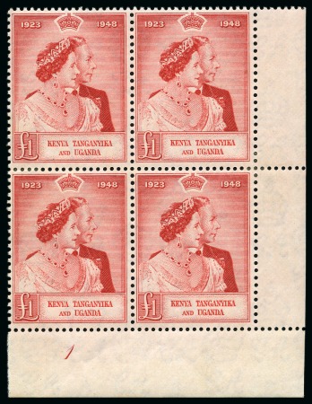 Stamp of Kenya, Uganda and Tanganyika » Kenya, Uganda and Tanganyika 1948 Silver Wedding £1 mint right corner marginal block of 4 with plate number