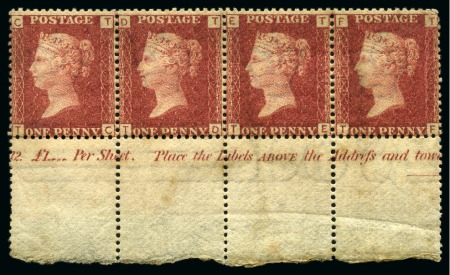 Stamp of Great Britain » 1854-70 Perforated Line Engraved 1864 1d Red pl.100 mint nh lower marginal strip of four with inscription