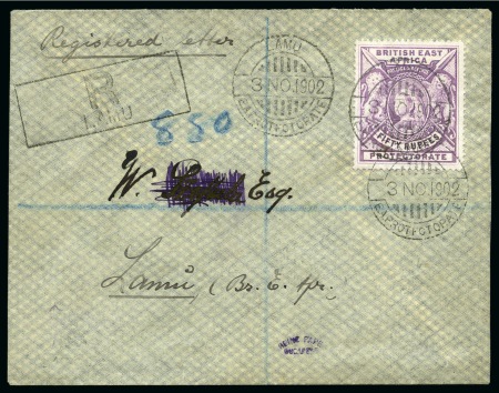 Stamp of Kenya, Uganda and Tanganyika » British East Africa 1897-1903 Wmk Crown CC 50R mauve on philatelic cover, one of only 2 known