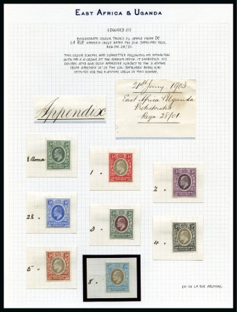Stamp of Kenya, Uganda and Tanganyika » Kenya, Uganda and Tanganyika 1903-04 1/2a De La Rue Appendix Sheet (which has been broken up) with 8 imperf. colour trials
