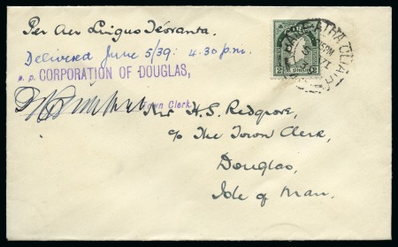 Stamp of Ireland » Airmails 1939 (Jun 5) Third Season of Summer service by Aer Lingus to Isle of Man, cover from Dublin to Douglas with 2d Map
