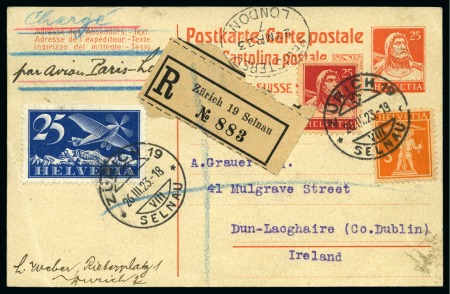 1923 (Mar 26) Handley Page Paris-London flight, Switzerland postal stationery card sent registered to Ireland
