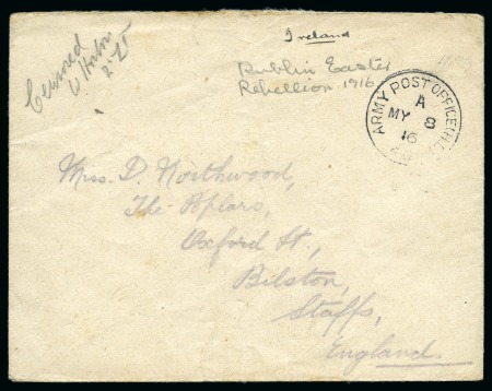 Stamp of Ireland » Transitional Period 1916-21, EASTER RISING group incl. 1916 envelope with "ARMY POST OFFICE (H.D) / 40"cds, Michael Collins signed card, plus 4 propaganda postcards