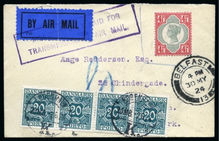 1924 (May 30) Envelope to Denmark with "By Air Mail" label with late usage of the QV 1892 4 1/2d red & green