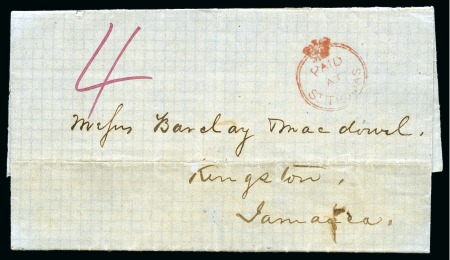 1863 Folded cover to Jamaica bearing red crowned PAID