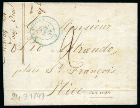 1849 Cover to Nice with rare blue Sardinian MENTONE 24 set 1849 cds