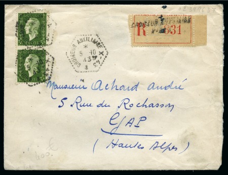 Stamp of France 1943, lettre recommandée avec cachet croiseur auxiliaire