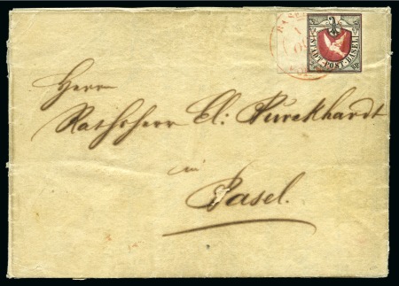 Stamp of Switzerland / Schweiz » Kantonalmarken » Basel BASLER TAUBE MIT BOGENRAND GEBRAUCHT AM 1. OKTOBER 1850 - ERSTE TAG DES BUNDESPOST