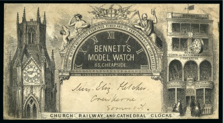 1855 Bennett's Model Watch - 65 Cheapside, stampless white envelope with images and text printed on one side