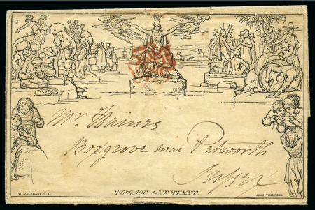 Stamp of Great Britain » 1840 Mulreadys & Caricatures 1840 (May 28) 1d Mulready lettersheet, stereo A25, used with central red MC, showing clear datestamp on reverse "F/MY/28/1840"