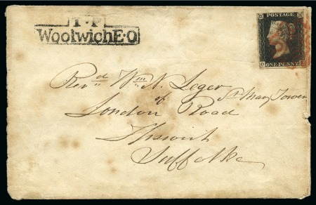 1840 Mulready Caricature: Southgate No.6 unused envelope, turned inside-out and used with 1840 1d black