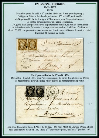 1849-1852, Utilisation des Cérès en Algérie, superbe collection de 15 lettres sur 6 pages d'exposition dont 1F VERMILLON sur lettre de Mascara
