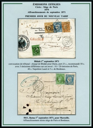Affranchissements de 1871 Collection de 10 lettres sur 5 pages d'exposition dont spectaculaire quadricolore en chargé de Blidah