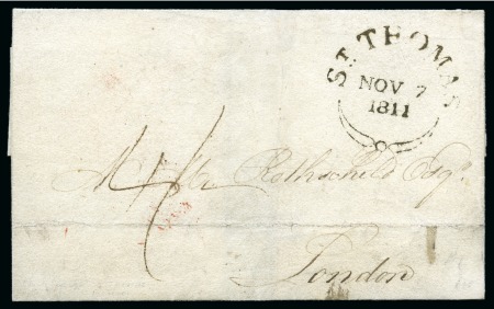 1811 (7 Nov.) Folded cover from St. Thomas to London bearing a superb strike of the large fleuron ST.THOMAS NOV 7 1811 cds
