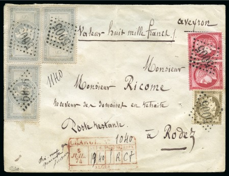 Rarissime lettre chargée d'Alger 1874 pour Rodez avec trois exemplaires du 5F Empire +30c Cérès + paire de 80c Cérès obl. GC 5005