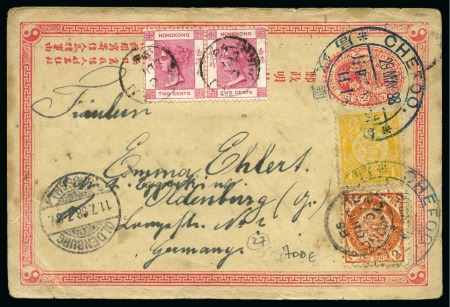 Stamp of China » Chinese Empire (1878-1949) » 1897-1911 Imperial Post 1898 1c Postal stationery card uprated with 1c and 2c tied by Chefoo large bilingual double circle ds, further franked with Hong Kong 2c pair