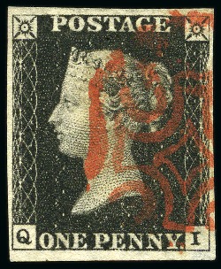 1840 1d Black pl.6 QI with red MC, superb condition
