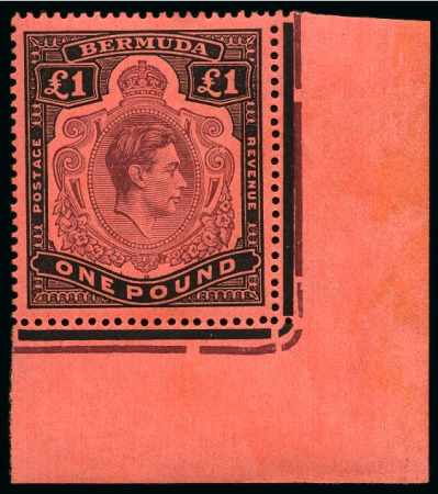 Stamp of Bermuda 1938-55 KGVI £1 pale purple and black on pale red paper mint lower right corner marginal showing variety "broken lower right scroll"