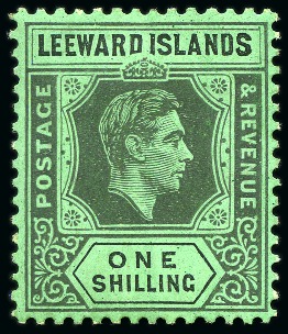 1938 KGVI 1s black on emerald paper mint with "D I" flaw (R9/6)