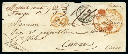 1855 Envelope to Corsica bearing the scarce red crowned circle PAID AT ST.THOMAS handstamp