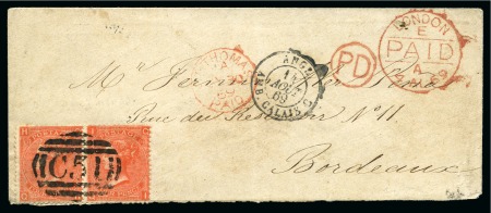 1869 Envelope to Bordeaux franked by QV 1865-73 4d vermilion pair