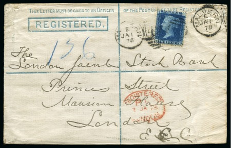 1878 (Jan 1) FIRST DAY OF 2d REGISTRATION FEE, registered envelope (type RP2) from Malvern to London