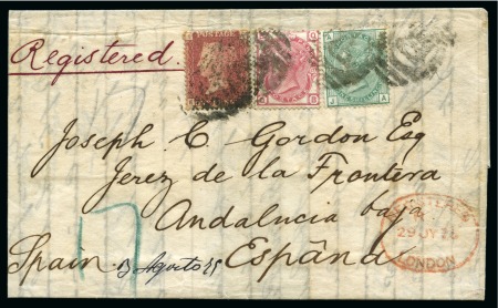 Stamp of Great Britain » 1854-1900 Postal History of the Perforated Line Engraved and Surface Printed Issues 1875 (Jul 29) Entire sent registered from London to Spain with 1873-80 1s green pl.12, 3d pl.17 and 1864-79 1d red pl.177 