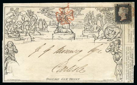 1840 (May 9) 1d Mulready lettersheet, stereo A18, uprated with 1840 1d black TF pl.1a