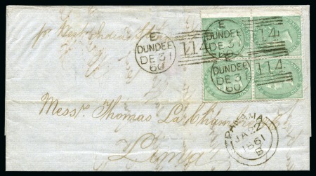 Stamp of Great Britain » 1854-1900 Postal History of the Perforated Line Engraved and Surface Printed Issues 1860 (Dec 31) Wrapper from Scotland to Chile, with 1856 Wmk Emblems 1s green right wing marginal block of four