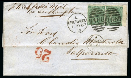 Stamp of Great Britain » 1854-1900 Postal History of the Perforated Line Engraved and Surface Printed Issues 1867 (May 1) Wrapper from Liverpool to CHILE, with 1865-73 Wmk Emblems 1s green right wing marginal pair